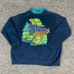 Vintage Carol Wright Sweatshirt Womens L Blue Deer Nature Mock Neck Pullover 90s